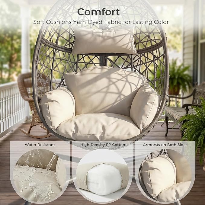BULEXYARD Oversized Hanging Egg Chair with Stand Indoor Outdoor Grey Wicker Bird Cage Swing Chair Patio Hammock Swinging Chair with Beige Cushion for Balcony Porch 350lbs Capacity