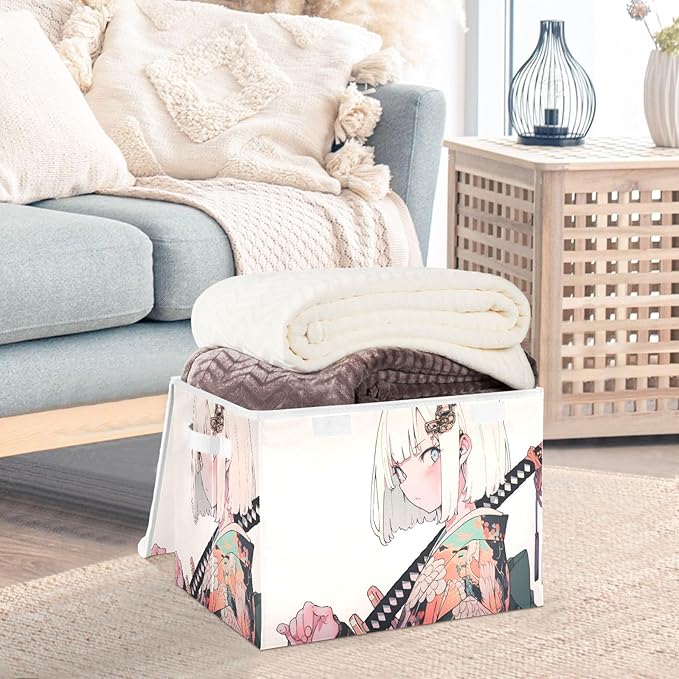 Storage Cube with Lid Beautiful Samurai Print 16.5×12.6×11.8 IN Collapsible Large Capacity Foldable Storage Basket Bin Organizer