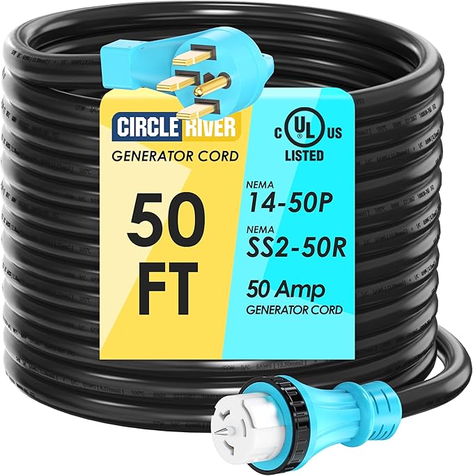 UL Listed 50 Amp Generator Extension Cord 50 Feet NEMA 14-50P Male to SS2-50R &amp CS6364 STW 6/3+8/1 AWG 125/250V Generator Power Cord Twist Lock Connectors for Generator to House