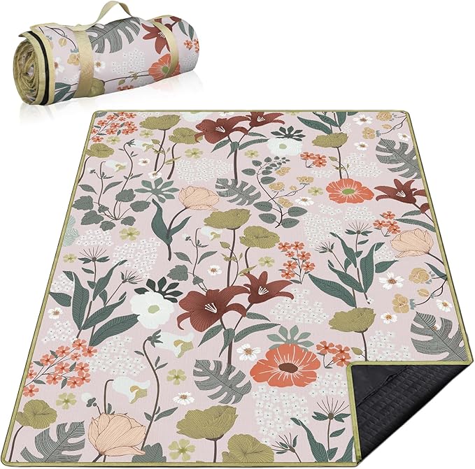 Floral Picnic Blankets Waterproof Foldable 60″X80″ Packable Picnic Mat Flowers Outdoor Blanket for Grass Large Beach Blanket Sandproof Picnic Accessories for Camping Music Festival Park Lawn Travel