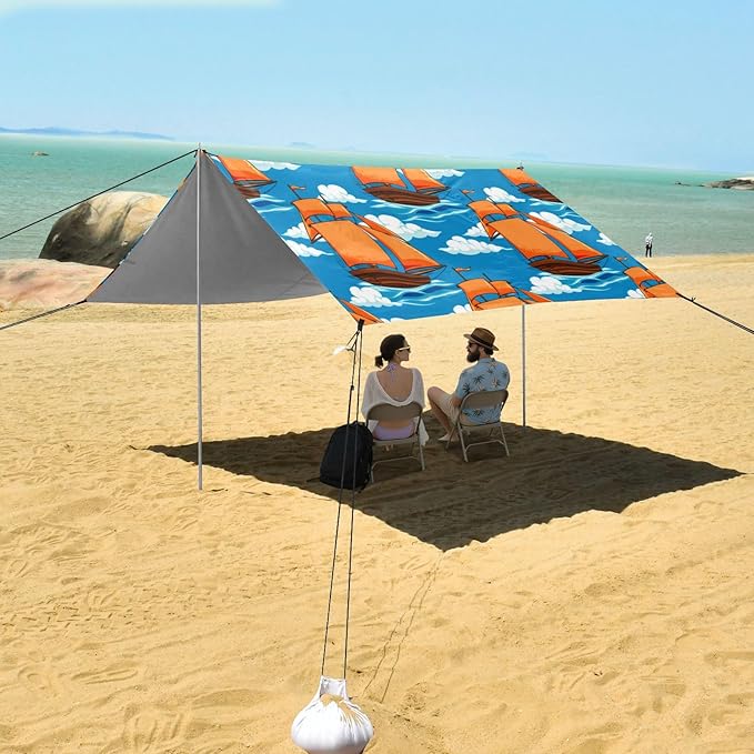 xigua Orange Sails Beach Tent Sun Shelter with Carrying Bag - Silver Coated Oxford Fabric Beach Canopy for Beach Camping Fishing - Includes Windproof Ropes Sandbags &amp Stakes