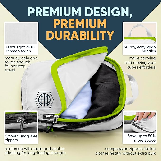 Large Compression Packing Cubes for Travel-Packing Cube Luggage Organizers 7 Piece Set for Checked Luggage-Ultralight Expandable/Compression Bags by TRIPPED Travel Gear (White/Green)