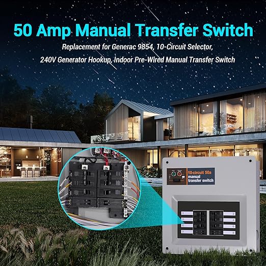 50 Amp Manual Transfer Switch Replacement for Generac 9854 10-Circuit Selector 240V Generator Hookup Indoor Pre-Wired Manual Transfer Switch