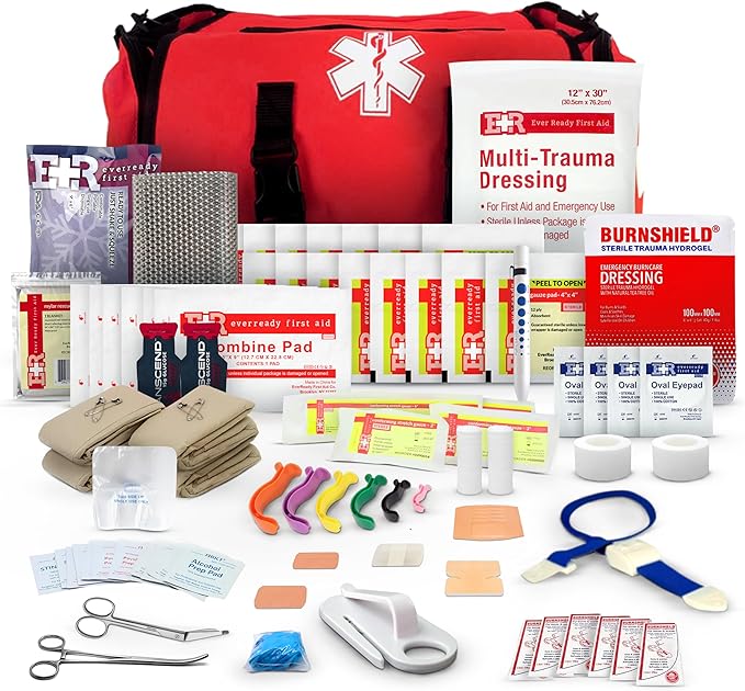 First Responder Trauma First Aid Kit Bag – Fully Stocked Emergency Medical Kit for Workplace Vehicle &amp Home – OSHA &amp ANSI Compliant – Portable – Red