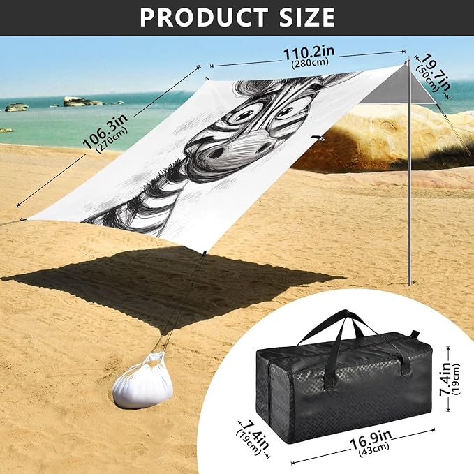 ALAZA Hand Drawn Portrait of Funny Zebra Cartoon Beach Tent Sun Shelter Portable Canopy Sunshade for Outdoor Camping Picnics Backyard Fun 10x9 ft