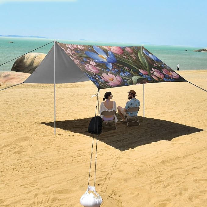 ALAZA Pink Tulip Flowers Blue Butterflies Beach Tent Sun Shelter Portable Canopy Sunshade for Outdoor Camping Picnics Backyard Fun 10x9 ft