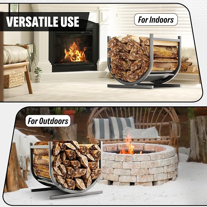 Idzo 17in Decorative Heavy Duty Firewood Storage Log Rack Decorative Heavy Duty Wood Holder Indoor Outdoor Black