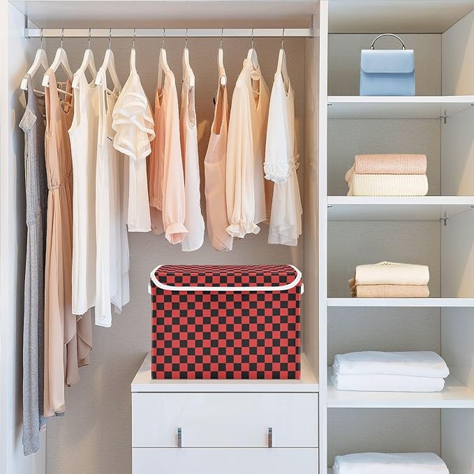 Red Black Checkerboard Storage Baskets Lidded Bin Foldable Storage Boxes Cubes Lids with 2 Handles for Organizing Closet Home Office
