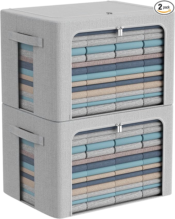 CYhom Clothes Storage Bins Box - Foldable Stackable Container Organizer Set with Clear Window &amp Carry Handles &amp Metal Frame - 2Pack Large Capacity for Bedding Blankets Books