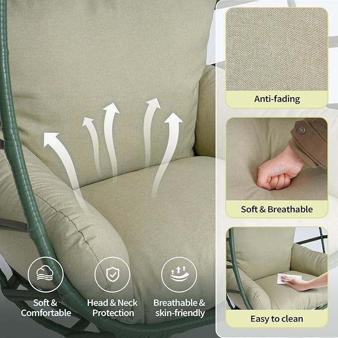 Hanging Egg Chair with Stand Outdoor Indoor Patio Rattan Swing Hammock Chairs with Washable Cushion 350lbs Capacity PE Wicker Swing Chair for Backyard Bedroom Garden (Dark Green + Cyan Cushion)