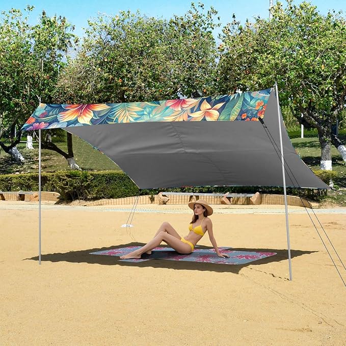 Spring Artistic Flowers Beach Tent Sun Shelter Set UPF50+ UV Protection 10.5 x 9.19 FT Camping Shade Canopy with Sandbags Sand Anchors Carrying Bag and Others