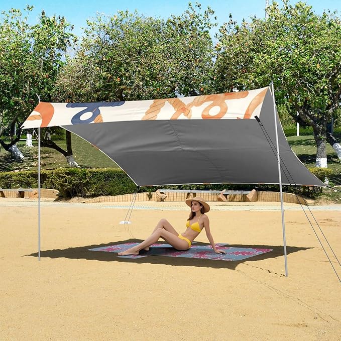 Navy Blue Striped Rope and Ocean Watercolor Foldable Beach Cabana UPF50+ Protection Lightweight Shade Sun Shelter with Sandbags &amp Sand Shovel for Camping Picnics Backyard &amp Fishing