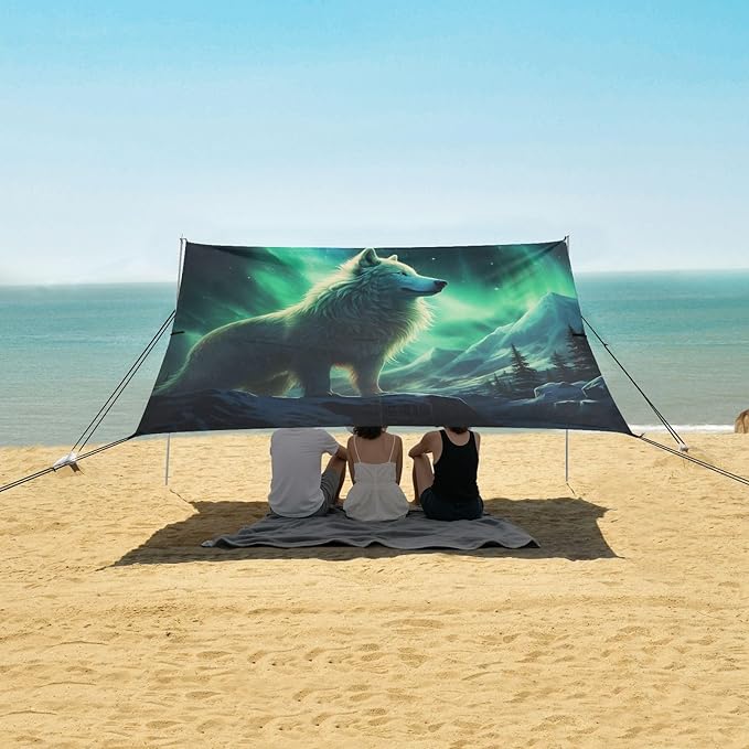 ALAZA Wolf Polar Lights Beach Tent Sun Shelter UPF50+ Protection Beach Shade Canopy w/ 4 Sandbags for Outdoor Camping Fishing Backyard Fun Picnic 10x9 ft