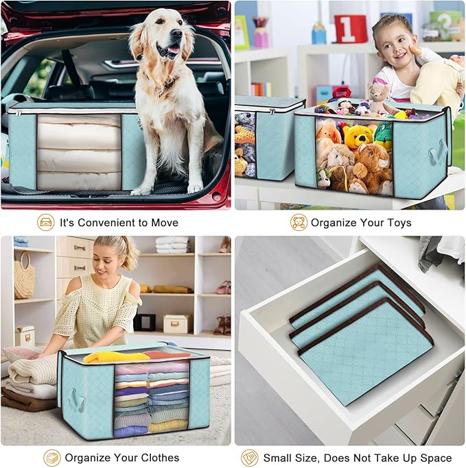 Budding Joy 90L Large Storage Bags 8 Pack Clothes Storage Bins Foldable Closet Organizer Storage Containers with Durable Handles Storage and Organization Blanket Pillows and Toys (Blue)