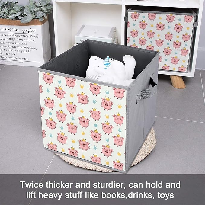Fabric Storage Bins with Handles Crown Cute Pink Pig Foldable Collapsible Cube Organizer for Shelves Multi-Purpose Box for Bedroom Living Room Closet