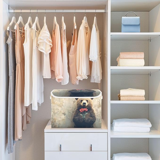 AIXIWAWA Lidded Storage Cube (Bear Valentine) Fabric Foldable Closet Bins with Flip Lid and Handles Organizer Basket Container 16.5 x 12.6 x 11.8 IN