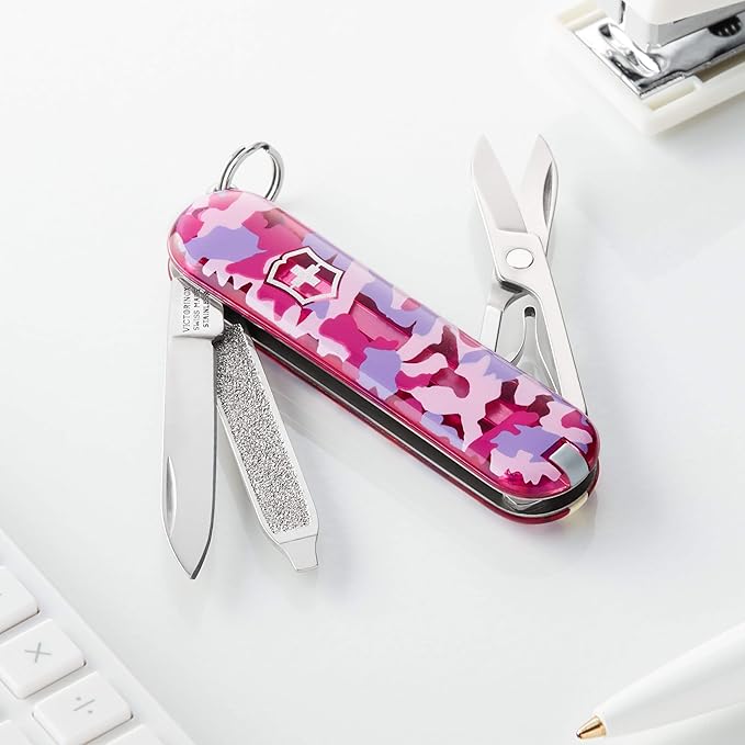 Victorinox Classic SD Swiss Army Knife Compact 7 Functions Swiss Made Pocket Knife with Small Blade Screwdriver and Key Ring - Pink Camouflage