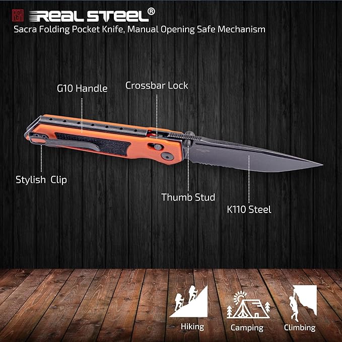 REALSTEEL SACRA Tac Pocket Knife Folding Knife Crossbar Lock 3.31 Böhler K110 Steel Blade Thumb Stud G10/Micarta Handle 2.58oz Deep-carry Pocket Clip EDC Outdoor Indoor Gifts for Men Women C