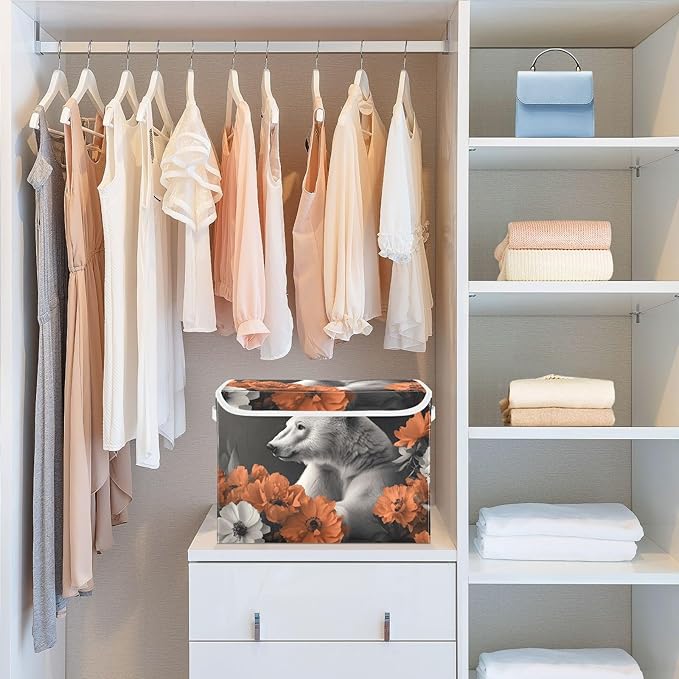 AIXIWAWA Lidded Storage Cube (Polar Bear Flower) Fabric Foldable Closet Bins with Flip Lid and Handles Organizer Basket Container 16.5 x 12.6 x 11.8 IN