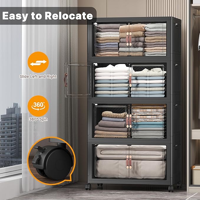 UAMFURI Stackable Storage Bins with Lids Extra Large Plastic Organizer Cabinet Drawers 896QT Collapsible Closet Containers with Doors and WheelsFor Bedroom Office Garage(8Pack Cube)