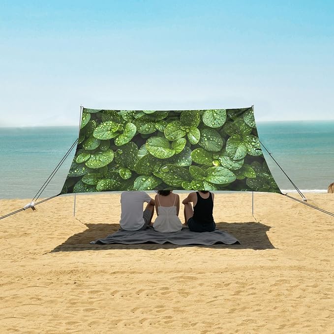 Raindrops on Leaves Beach Tent Sun Shelter Set UPF50+ UV Protection 10.5 x 9.19 FT Camping Shade Canopy with Sandbags Sand Anchors Carrying Bag and Others