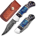 Pocket Knife 2.92 Drop Point Damascus Steel Blade Folding Knife with Blue &amp Black Wood Handle Back Lock EDC Knives with for Men Women GK-751 (Black &amp Blue)