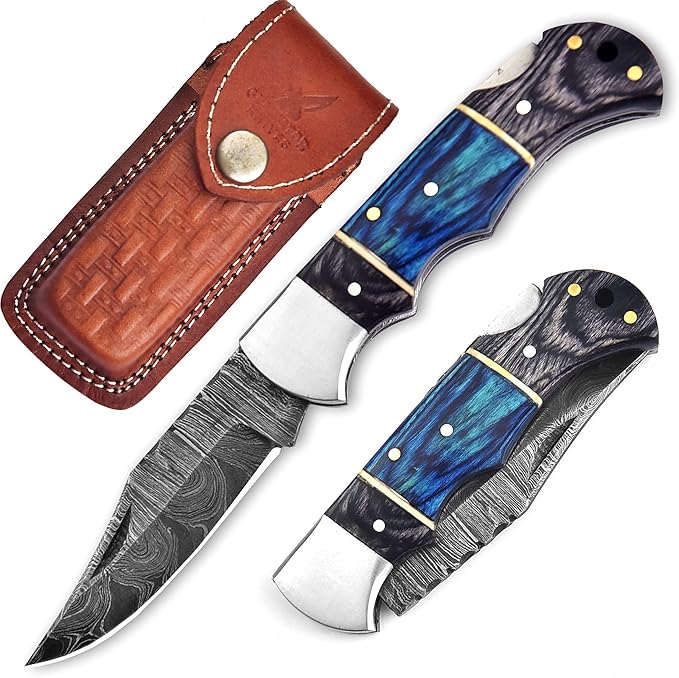 Pocket Knife 2.92 Drop Point Damascus Steel Blade Folding Knife with Blue &amp Black Wood Handle Back Lock EDC Knives with for Men Women GK-751 (Black &amp Blue)