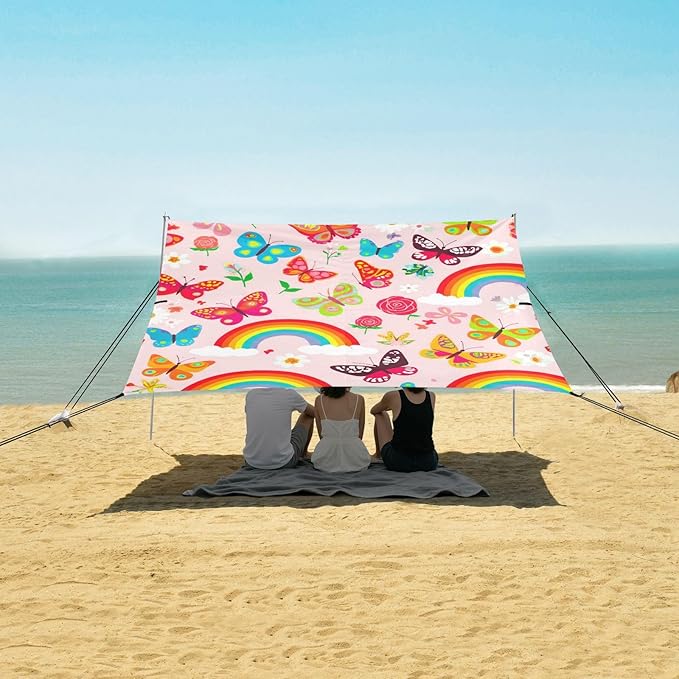 Beach Canopy with Windproof Ropes &amp Sandbags Beach Tent Sun Shade Sun Shelter for Camping Trips Fishing Backyard Fun or Picnics Butterflies