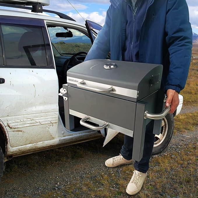 BBQCuker Portable Charcoal Grill with Warming Rack Tabletop Charcoal Grill Small BBQ Grill with Thermometer(100-800°F) Outdoor Charcoal Smoker for Camping Picnic Hiking Beach and Travel