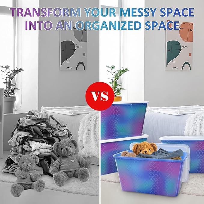 Storage Organizer Bins with Lids - 4PC 58QT Heavy-Duty Container Boxes Stackable and Nestable Storage Bins Plastic Large Storage Totes Rainbow Mermaid Bins for Home Office and Garage