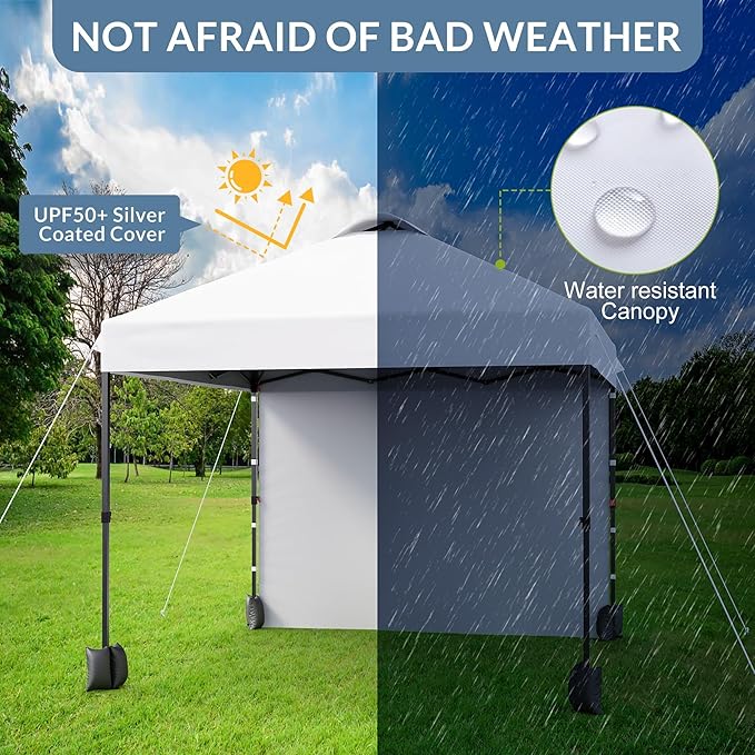 10x10ft Pop Up Canopy Tent with SidewallOutdoor Freestanding Sun Shelter Picnic and CampingInstant Shade Tent with Vented Roof for Beach &amp Events - Includes Storage BagSandbagsStakes&ampRopes