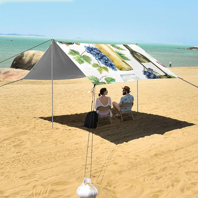 ALAZA Watercolor Bottles Glasses of Red and White Wines Grapes Beach Tent Sun Shelter Portable Canopy Sunshade for Outdoor Camping Picnics Backyard Fun 10x9 ft