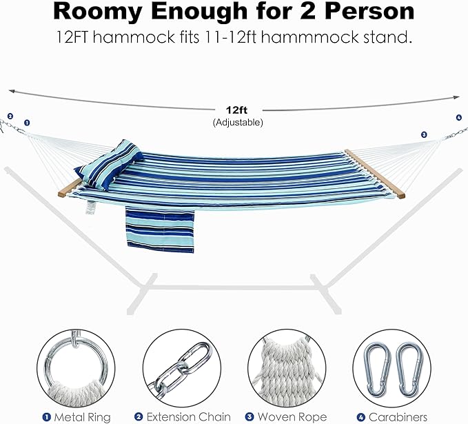 GAFETE Hammock 2 Person Quilted Fabric Hammocks for Outside Double 12ft Hammocks with Spreader Bar Large Removable Pillow Storage Bag Carabiners Max 475 lbs Capacity (Catalina Beach)