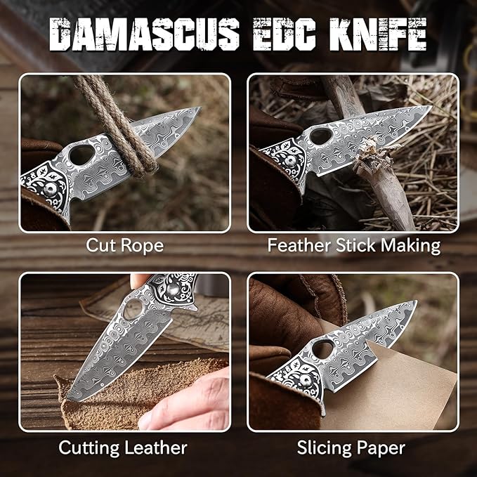 Damascus Pocket Knife for Men Wooden Handle and Sharp Damascus Steel Blade Folding Knives EDC Knifes for Outdoor Camping Hiking Collection