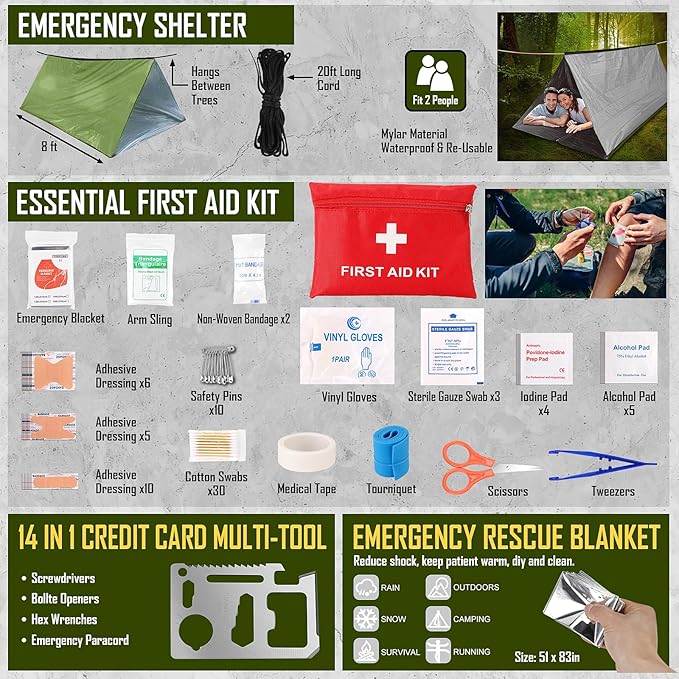 Survival Kit 268 Pcs Emergency Survival Gear and Equipment Supplies with First Aid Kit Camping Axe Headlamp Crossbody Bag for Camping Hiking Hunting Gift for Christmas Men Dads Black