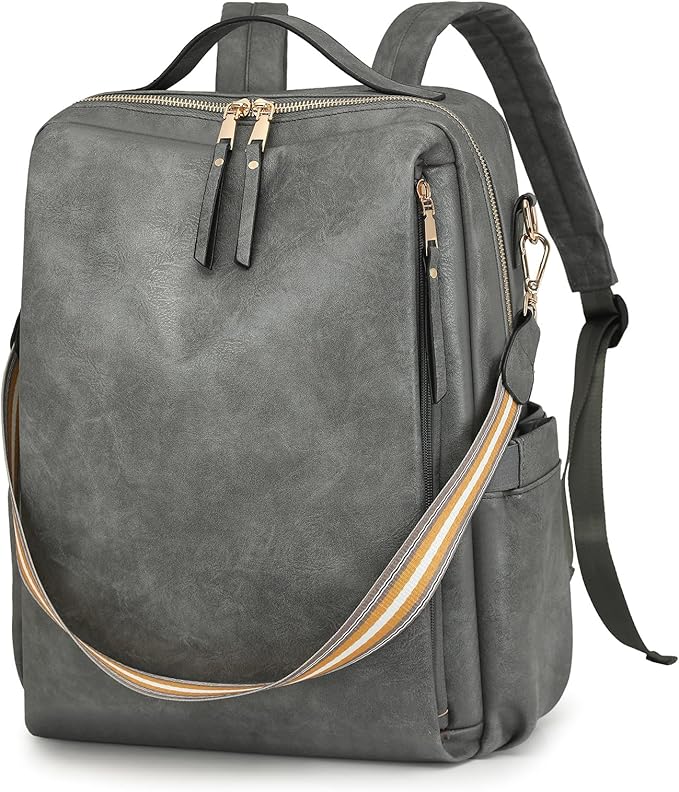 Women’s PU Leather Laptop Backpack Business Travel Shoulder Bag with Laptop Compartment – Multi-Functional Work Bag (Grey)