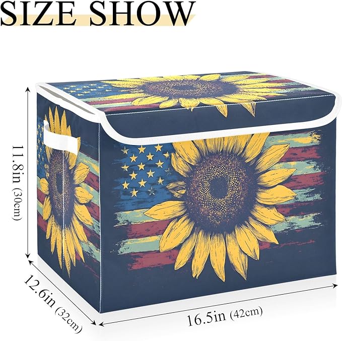 Sunflower America Storage Cube Bins Basket with Lid Collapsible Flip-top Fabric with Handle for Home Bedroom Closet Office 16.5×12.6×11.8 in