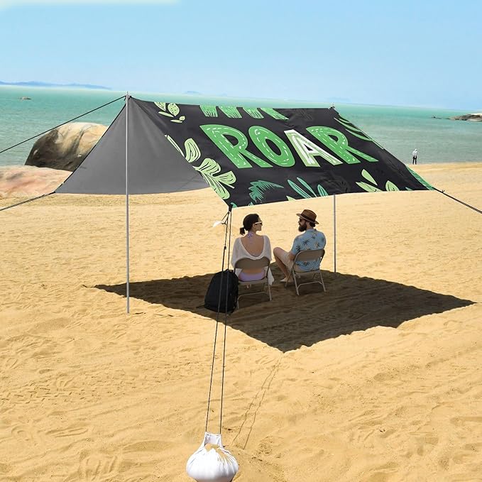 Dinosaurs Leaves Beach Tent UPF50+ Waterproof Sun Shelter with Sandbags and Shovel for Camping Fishing Backyard Fun