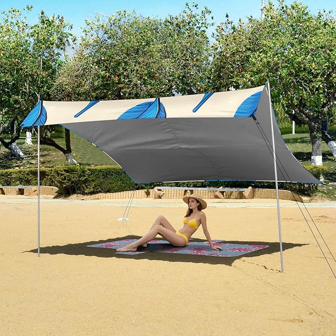 xigua Leaves Beach Tent Sun Shelter with Carrying Bag - Silver Coated Oxford Fabric Beach Canopy for Beach Camping Fishing - Includes Windproof Ropes Sandbags &amp Stakes