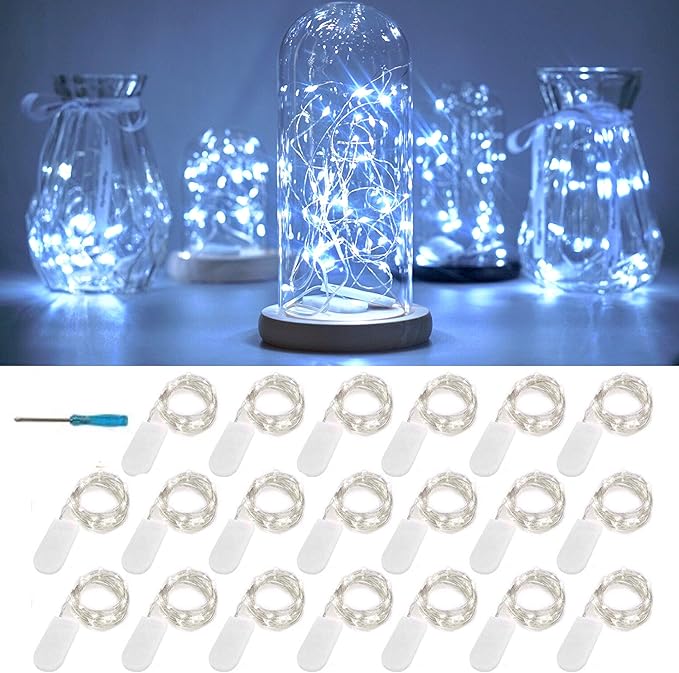 Battery Operated Silver Copper Wire Starry String Light 20 Pack Fairy String Lights6.6FT 20 LEDs for DIY Party Christmas Costume Wedding Easter Table Decorations (Cool White)