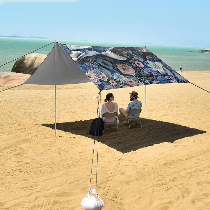 ALAZA Cute Dolphin Floral Beach Tent Sun Shelter Portable Canopy Sunshade for Outdoor Camping Picnics Backyard Fun 10x9 ft