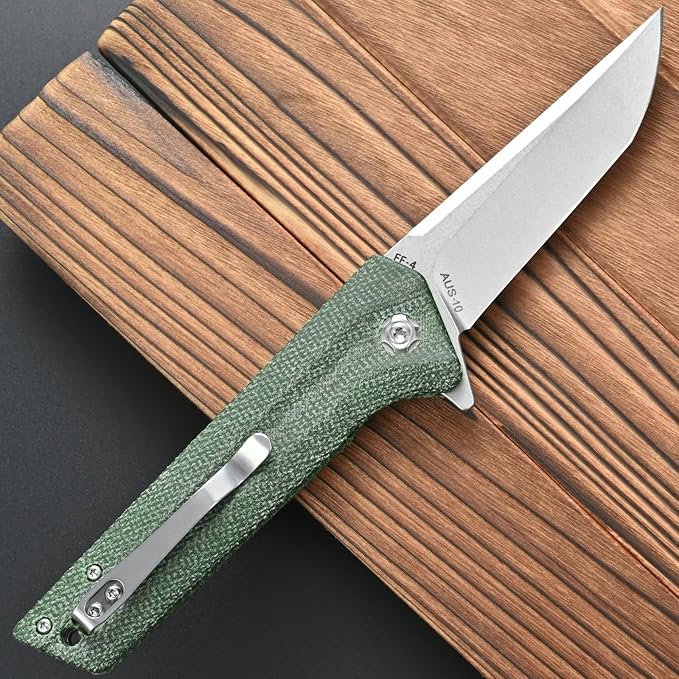 FF4 Folding Knife AUS-10 Steel Blade Micarta Handle Knife for Outdoor Camping Hunting Fishing Survival(Green)