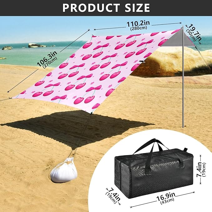 xigua Cherries Beach Tent Sun Shelter with Carrying Bag - Silver Coated Oxford Fabric Beach Canopy for Beach Camping Fishing - Includes Windproof Ropes Sandbags &amp Stakes