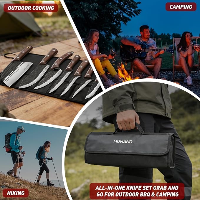 MDHAND Butcher Knife Set 18PCS Hand Forged Viking Kitchen Serbian Chef Knife with Roll Bag Heavy Duty Meat Cleaver &amp Brisket Knives for BBQ Outdoor Camping Meat Cutting Tools Gifts for Men Wo
