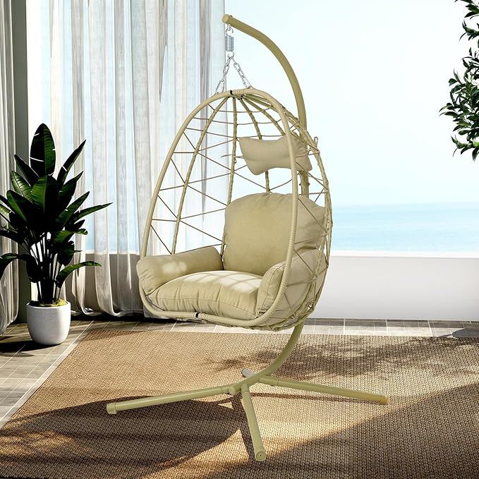 Hanging Egg Chair with Stand Outdoor Indoor Patio Rattan Swing Hammock Chairs with Washable Cushion PE Wicker Swing Chair for Backyard Bedroom Garden (Cyan + Cyan Cushion No Footrest)