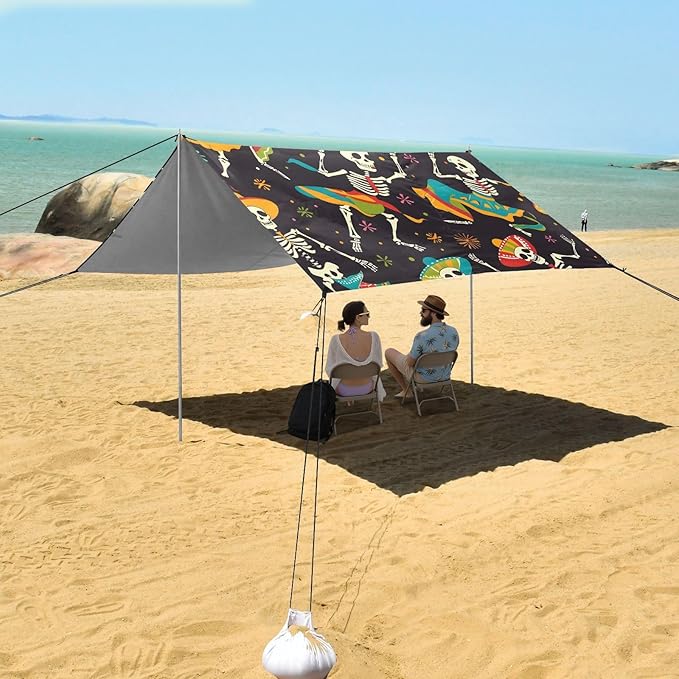 ALAZA Suagr Skulls Day of Dead Beach Tent Sun Shelter UPF50+ Protection Beach Shade Canopy w/ 4 Sandbags for Outdoor Camping Fishing Backyard Fun Picnic 10x9 ft