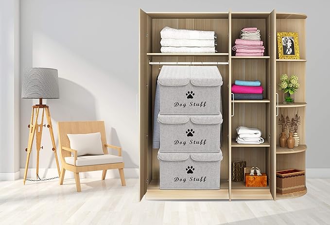 Dog toy box with lid dog storage organizer perfect basket for dog toys living room playroom closet home organization and storage - Gray Stripe