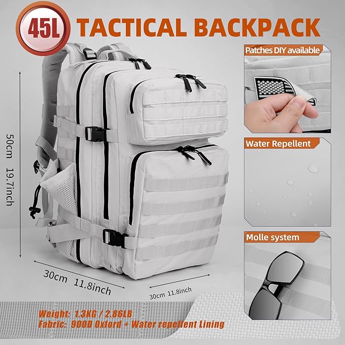 LUPU TACTICAL 45L Backpack for Men and Women 3 Days Assault Pack Outdoor Travel Hiking Camping Rucksack with Molle Webbing (White)