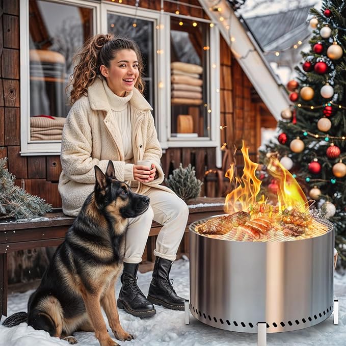 HGD 28 Smokeless Firepit with Stand &amp Grill Rack Large Stainless Steel Wood Burning Fire Pit for Friends &amp Family Gatherings Secondary Combustion Outdoor Patio Stove for Garden BBQ &amp Bo