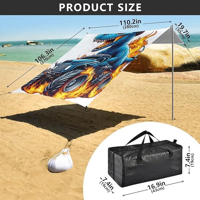 ALAZA Blue Dinosaur Truck Fire Beach Tent Sun Shelter Portable Canopy Sunshade for Outdoor Camping Picnics Backyard Fun 10x9 ft